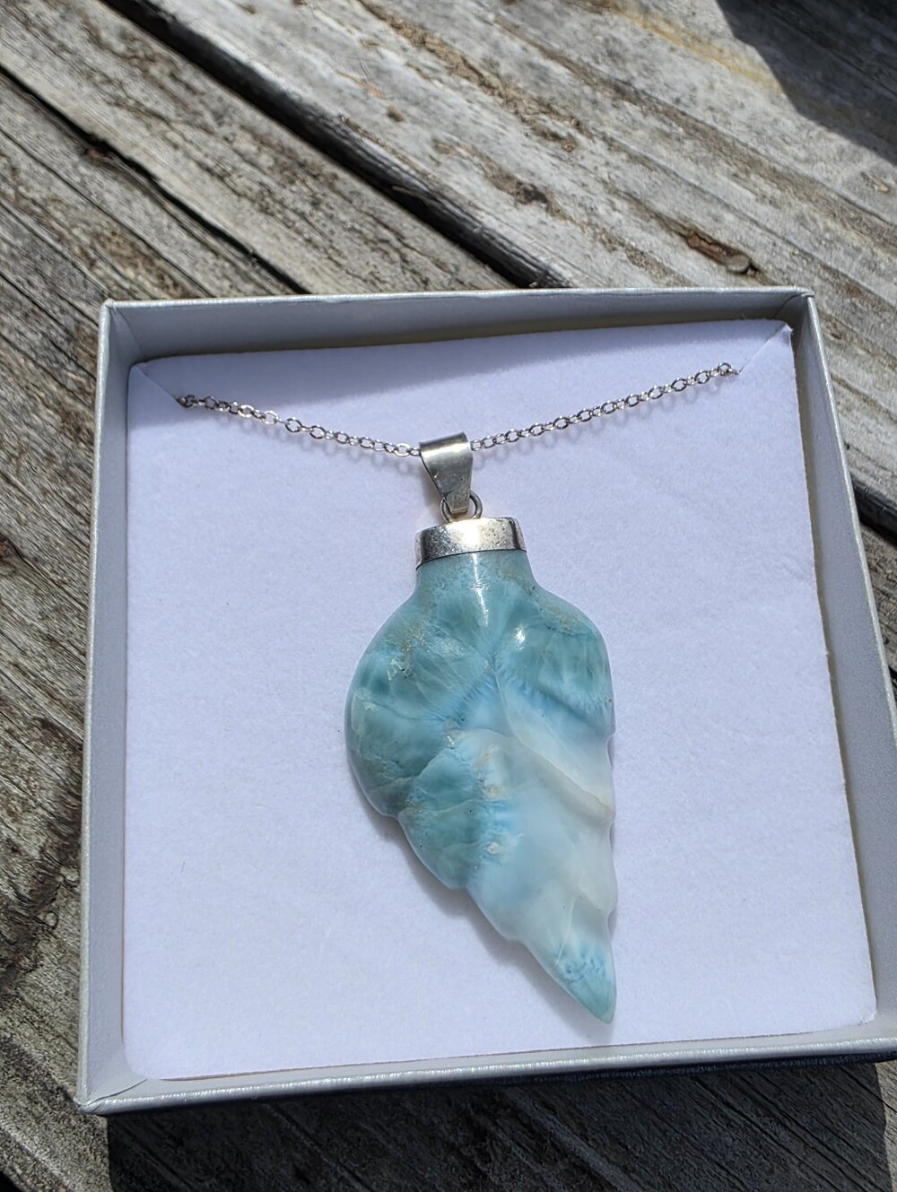 Large Genuine Larimar Carved Leaf Pendant Necklace | Sterling Silver Chain